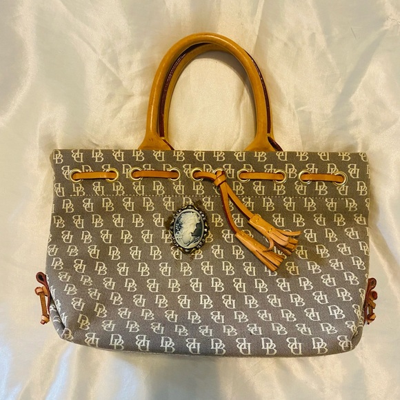 Dooney and Bourke Logo Tan and Brown DB Tote - Picture 1 of 5
